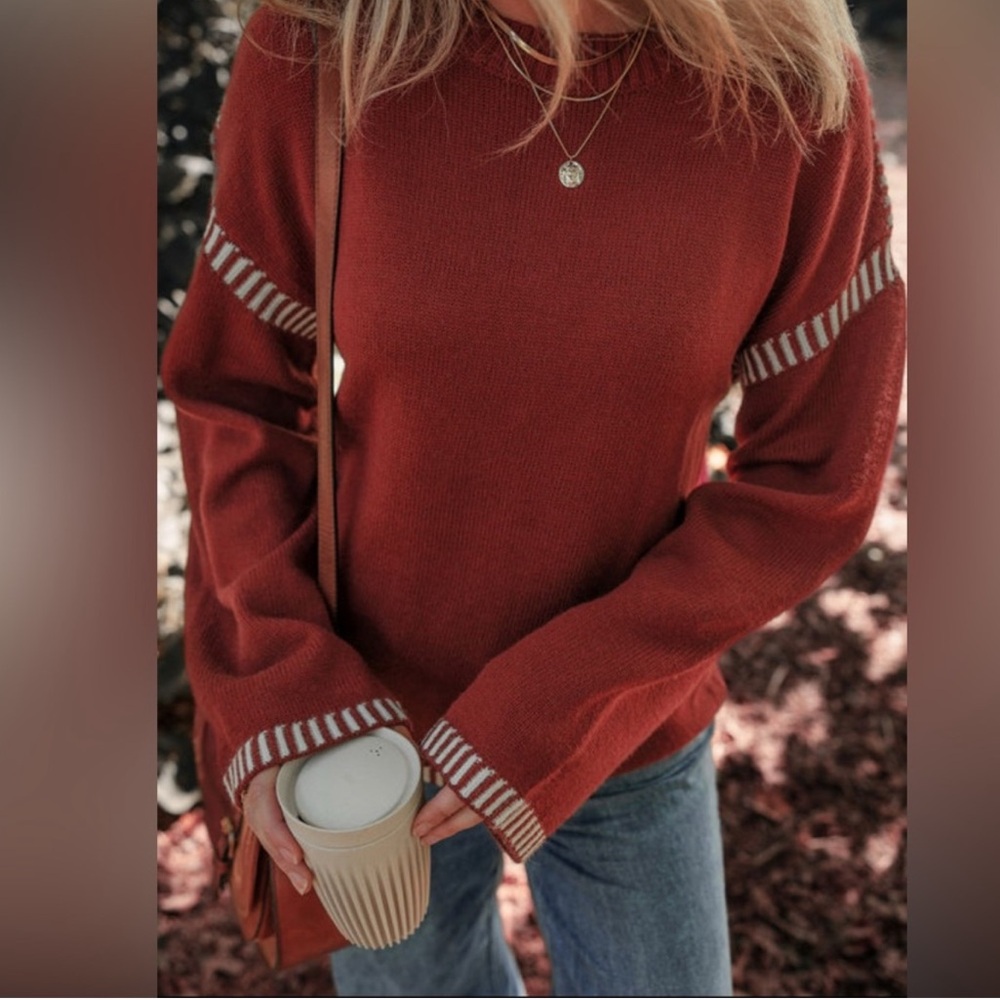 Red dahlia color contrast trim sweater